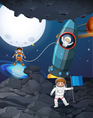 Wall Mural - Three astronauts in dark space