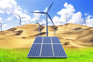 New energy, solar power and windmills use the power of the desert to generate electricity