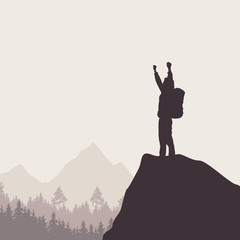 Wall Mural - A tourist with a backpack standing on top of a rock rejoicing in win