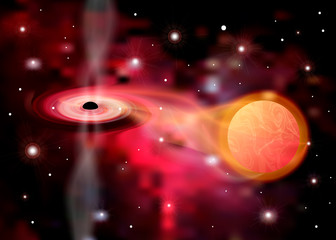 Wall Mural -  abstrsct space - a black hole. Cosmos Black hole in space. Stars and material falls into a black hole. black hole eating planets. Excess gas escapes from a black hole