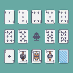 Pixel art clubs playing cards vector set.