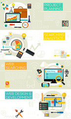 Wall Mural - flat and linear concept banners. project planning, searching analytics, web searching, web design an