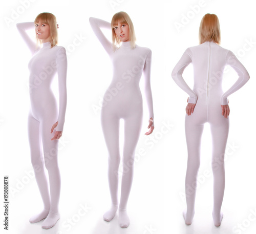 Fotografía cute young woman standing in a white stretch spandex tight jumpsuit on all sides