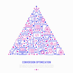 Wall Mural - conversion optimization concept in triangle with thin line icons: marketing, customer management, se