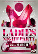 ladies night flyer pink party with stars, confetti, women shoes, speakers, lipstick, nail polish, headphones, champagne, cosmetics