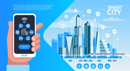 Wall Mural - Smart city. Urban landscape with buildings, skyscrapers and transport traffic. Hand holding smart phone and cityscape 