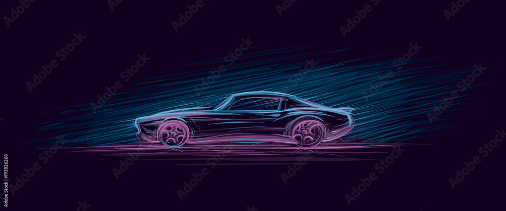 Neon illustration of muscle car. Vector.  - obrazy, fototapety, plakaty 