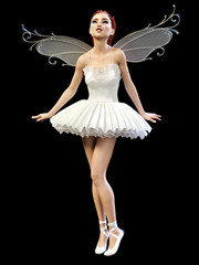 Dancing ballerina 3D. White ballet tutu. Blonde girl with blue eyes. Ballet dancer. Studio photography. High key. Conceptual fashion art. Render realistic illustration. Black background.