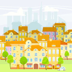 Wall Mural - Cute cityscape, beautiful houses, old and modern, cartoon style, isolated, vector, illustration