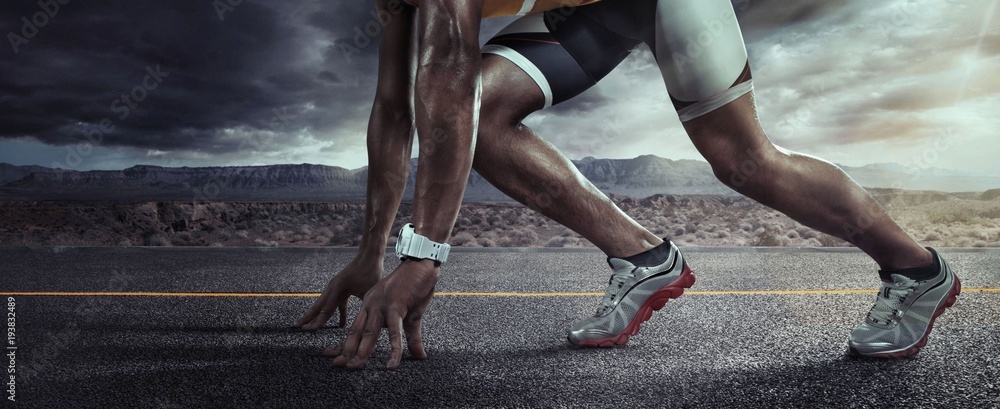 Sports background. Runner feet running on road closeup on shoe. Start line - obrazy, fototapety, plakaty 