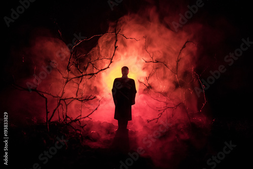 Fotomural strange silhouette in a dark spooky forest at night, mystical landscape surreal lights with creepy man