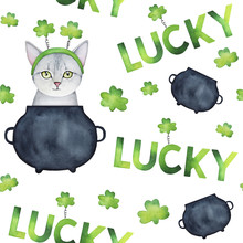 Repeatable Pattern With Hand Drawn Water Color St.Patrick's Elements: Green Shamrocks Leaves, Black Iron Pot Of Gold, Happy Kitty Pet. White Backdrop. Fabric, Wrapping Paper, Scrapbooking Decoration.