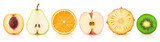 Isolated fruits halves. Cut peach, pear, orange, apple, pineapple and kiwi in a row isolated on white background with clipping path
