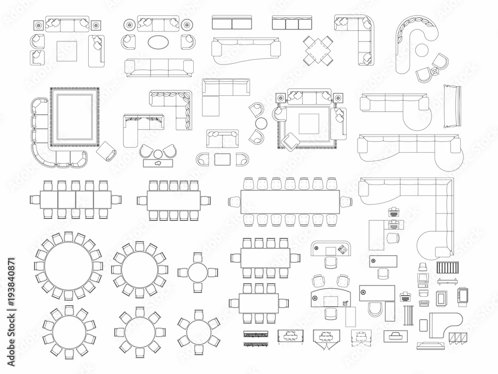 Top view of set furniture elements outline symbol for dining room, office, working, living room and accessories. Interior icon chair, table and sofa. - obrazy, fototapety, plakaty 