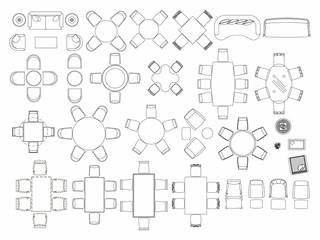 Wall Mural - Top view of set furniture elements outline symbol for dining room, cafe, restaurant and living room. Interior icon chair, table and sofa.