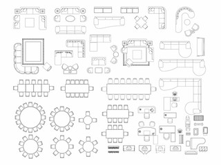 Top view of set furniture elements outline symbol for dining room, office, working, living room and accessories. Interior icon chair, table and sofa.