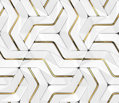 Wall Mural -  - 3D Wallpapers white tiles with golden metal decor. Modern geometric modules. High quality seamless realistic texture.	