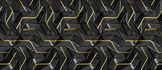 Wall Mural - 3D Wallpapers black panels with golden metal decor. Modern geometric modules. High quality seamless realistic texture. M-size.