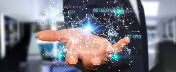 Businessman using digital binary code connection network 3D rendering
