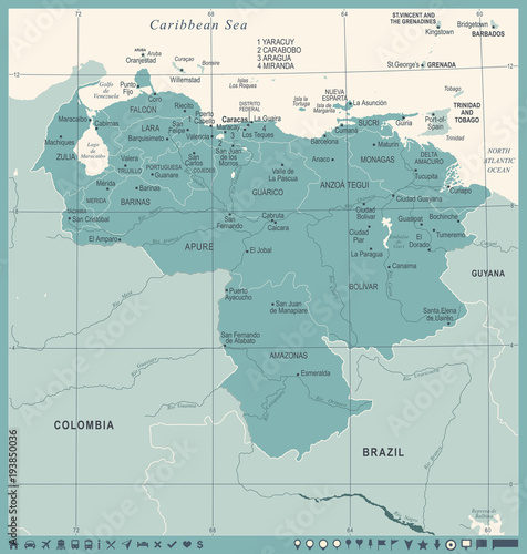 Cuadros en Lienzo Venezuela Map - Vintage Detailed Vector Illustration