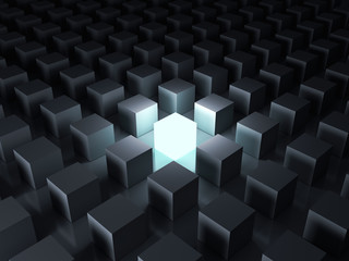 Fototapete - Stand out from the crowd and different creative idea concepts , One glowing light cube shining among other dim cubes in the dark night background with reflections and shadows . 3D rendering.