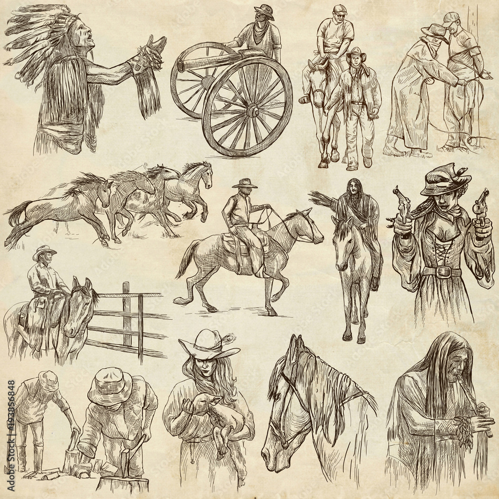 Wild West, American frontier and Native Americans - An hand drawn ...