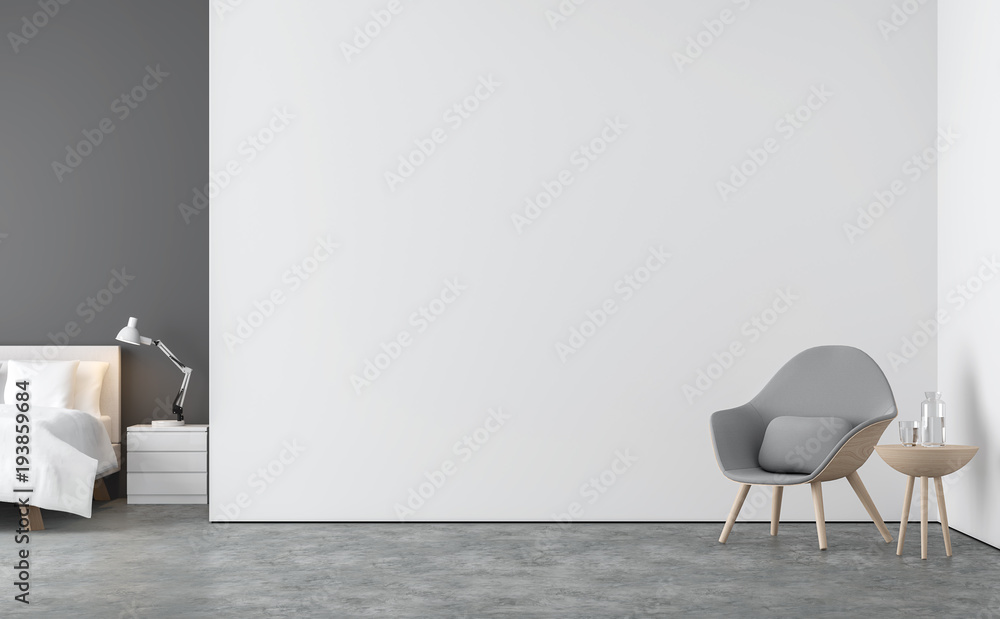 Minimal style  living room and bedroom 3d rendering image.There are concrete floor,white and gray wall.Finished with white bed and gray fabric lounge chair. - obrazy, fototapety, plakaty 
