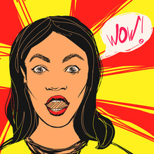 Surprised Brunette Woman With Open Mouth And Wow Text. Vector Hand Drawn Pop Art Illustration And Calligraphy.
