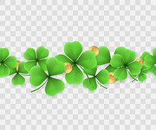 Horizontal Seamless Border Of Realistic Clovers With Golden Coins. Vector Background For Design Of Holiday Banners, Promotional Flyers For St. Patrick’s Day. Isolation From The Transparent Background.