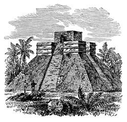 Fototapete - victorian engraving of the pyramid temple of Palenque, Mexico