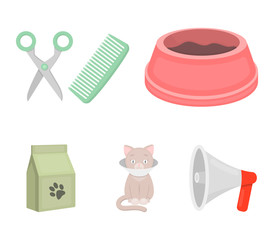 A bowl with food, a haircut for a cat, a sick cat, a package of feeds.Сat set collection icons in cartoon style vector symbol stock illustration web.