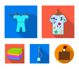 Vacuum cleaner, a stack of cloth, dirty and clean things. Dry cleaning set collection icons in flat style vector symbol stock illustration web.