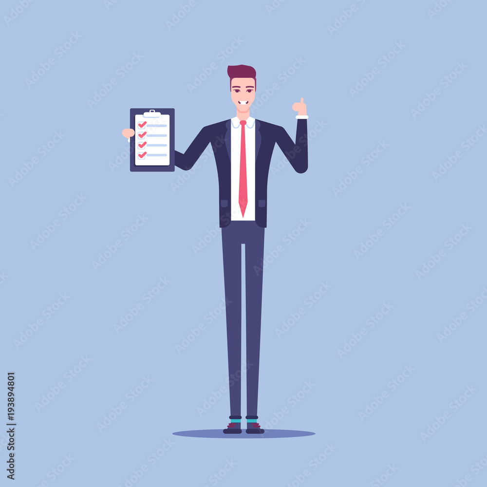 Smiling businessman holding in his hand the clipboard with check list ...