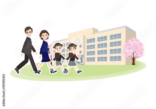 小学校の入学式に行く子供と家族のイラストstock Vector Adobe Stock