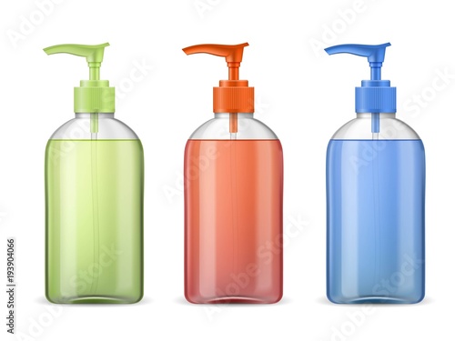 Download Ads Template Mockup Realistic Plastic Bottle With Batcher Pump Three Full Container With Green Red And Blue Transparent Liquid Gel Soap Lotion Cream Shampoo Bath Foam On A White Background Stock Vector