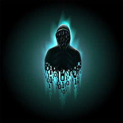 Wall Mural - Silhouette of a hacker in a hood with binary code on a luminous blue background, hacking of a computer system, theft of data