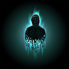 Canvas Print - Silhouette of a hacker in a hood with binary code on a luminous blue background, hacking of a computer system, theft of data