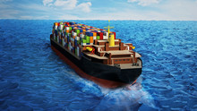 Cargo Ship Loaded With Multi Colored Containers. 3D Illustration
