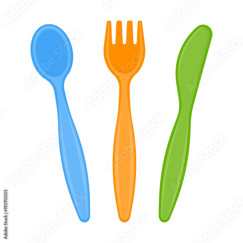 Vector illustration of plastic spoon, fork and knife isolated on white