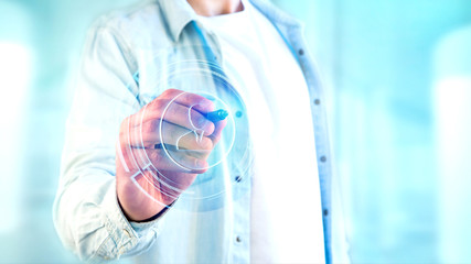 Businessman holding a Shinny technologic network contact button  - 3d render