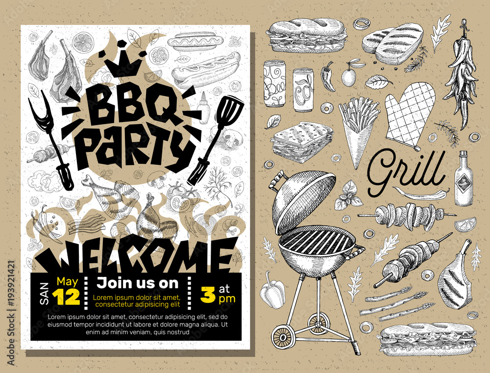 BBQ party Food poster. Barbecue template menu invitation flyer design ...