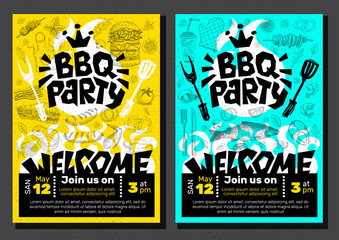 BBQ party Food poster. Barbecue template menu invitation flyer design elements spice, drinks, hand drawn elements.