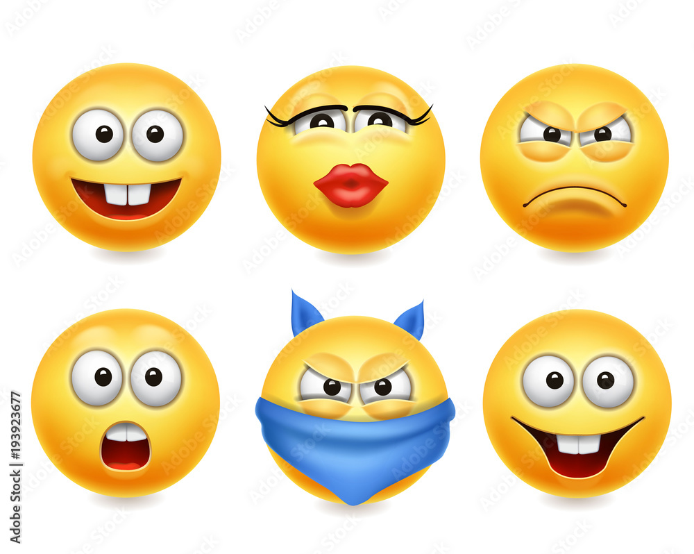 Smiley face icons. Funny faces 3d realistic set. Cute yellow emoji  collection Stock Vector | Adobe Stock, image size:1000x798