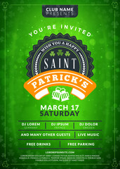 Wall Mural - Typography poster or flyer template for St. Patricks day party. Vintage beer label on the green background with light effects