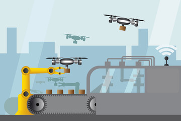 Aufkleber - Modern digital factory warehouse with robotic arms and drones. Delivery of production. Vector illustration