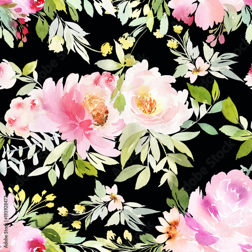Seamless summer pattern with watercolor flowers handmade.