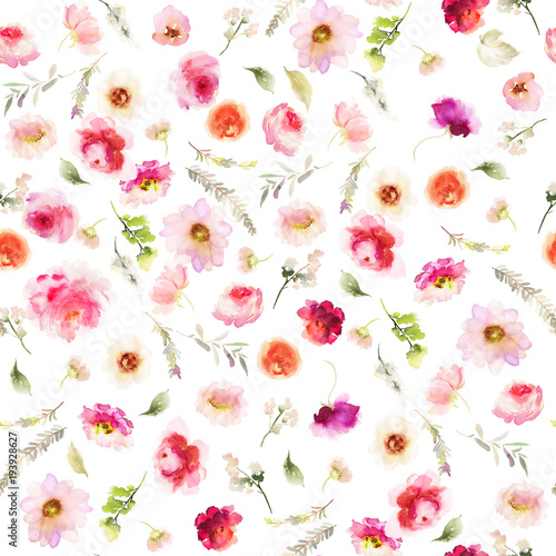 Seamless summer pattern with watercolor flowers handmade.