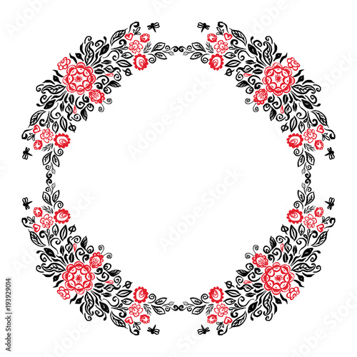 Fotografija Beautiful card with a round summer wreath of different flowers folk art floral ornament Vintage elegant wedding invitation Red Black isolated on white background