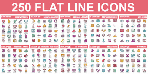 Fototapete - Simple set of vector flat line icon. Contains such Icons as Creative Process, Business Analytics, Finance, E-Commerce, SEO, Medicine and Healthcare, Social Media and more. Linear pictogram pack.