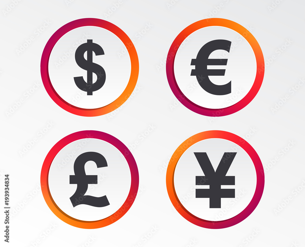 Dollar, Euro, Pound and Yen currency icons. USD, EUR, GBP and JPY money  sign symbols. Infographic design buttons. Circle templates. Vector 素材庫向量圖|  Adobe Stock